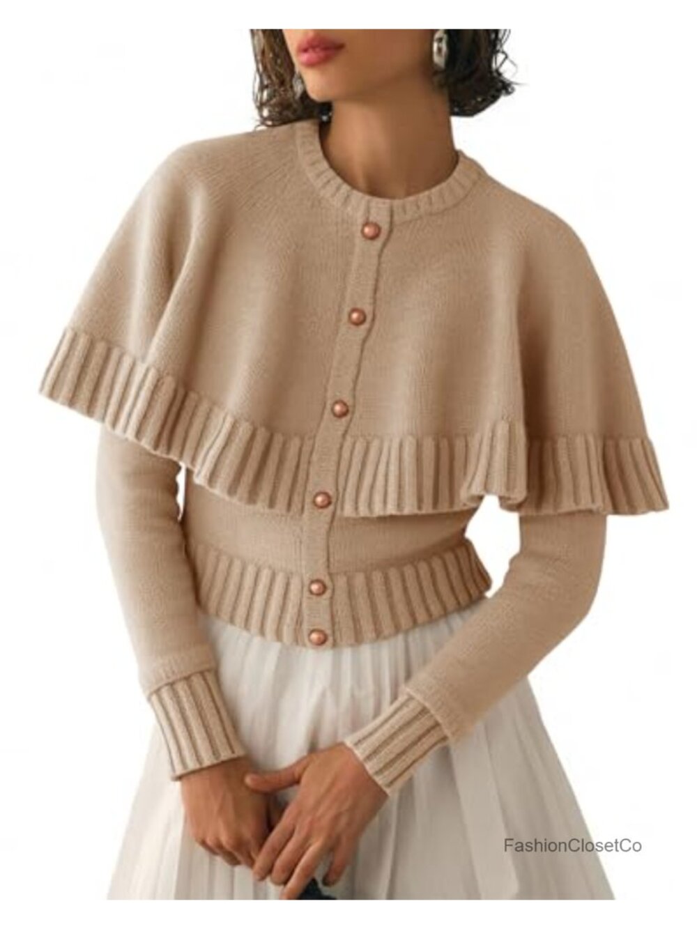 Womens Cropped Cape Cardigan Button Down Long Sleeve Knit Sweater